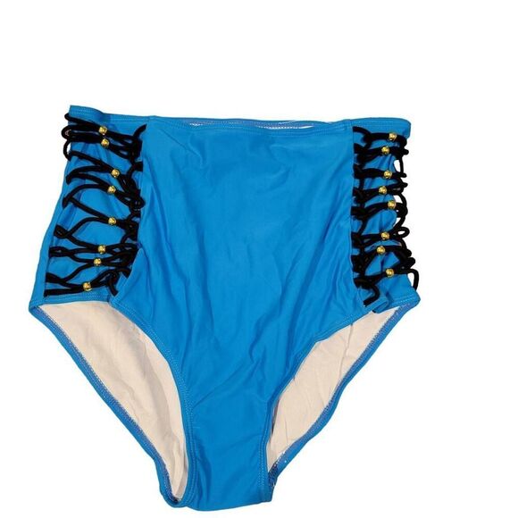 Wearion Bikini Two Piece Blue High Waist Black Criss Cross Bathing Swim Suit NEW - Picture 4 of 9